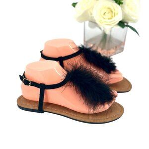 Yoki Feather Sandals Womens Size 6.5 Shoe Black T-Strap Black Feathers NEW